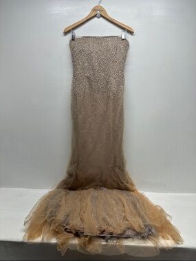 Rene Ruiz Strapless Gown Dress Maxi Long Beaded Column Tulle Nude Beige Size 2